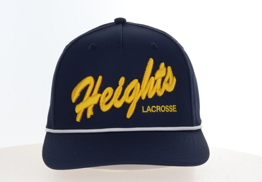A navy blue lacrosse cap featuring 'Heights' embroidered in yellow script across the front, with 'LACROSSE' in smaller yellow block letters underneath and a thin white stripe along the edge of the brim.